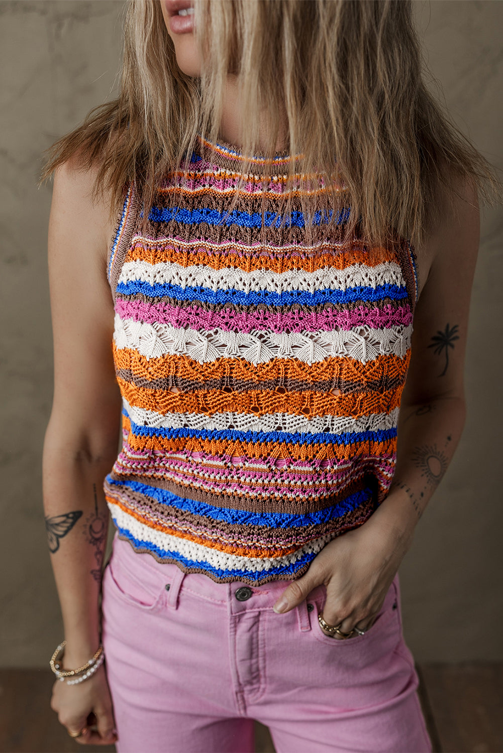 Dark Blue Striped Knit Sleeveless Sweater