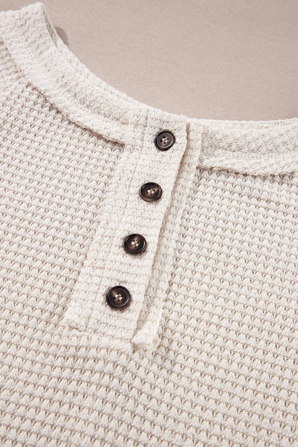 Oatmeal Waffle Knit Buttoned Front Raglan Sleeve Loose Sweater