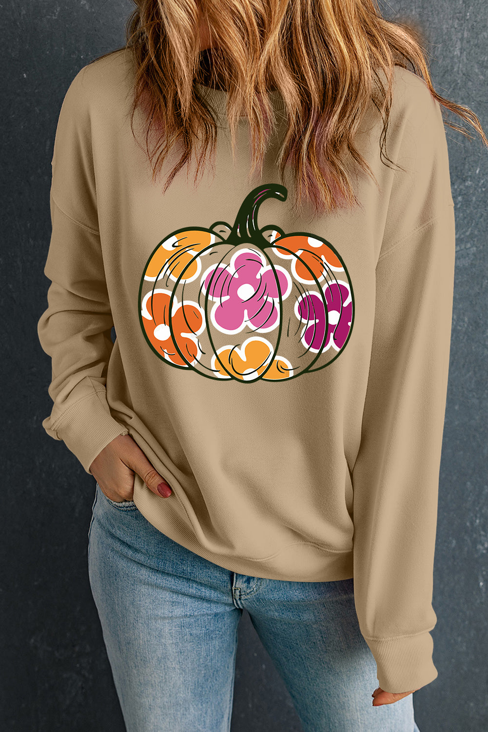 Khaki Halloween Floral Pumpkin Drop Shoulder Sweatshirt