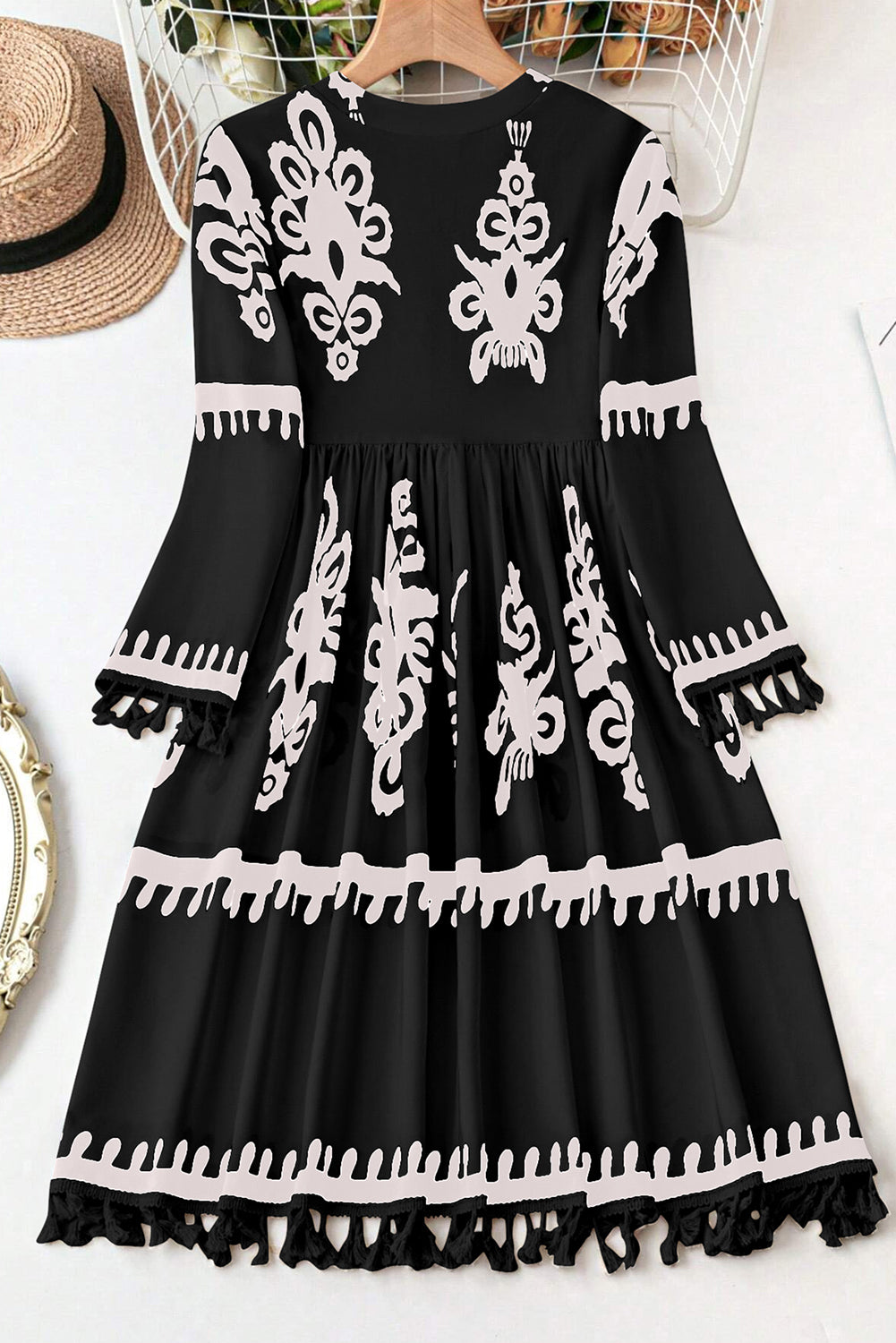 Black Western Floral Print Fringed V Neck Dress in CURVY SIZE ONLY