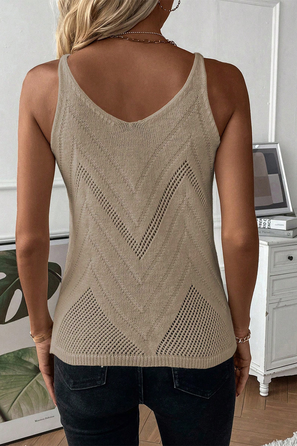 Parchment Chevron Knit Spaghetti Straps Tank Sweater