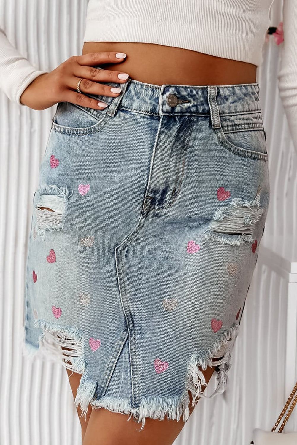 Beau Blue Shimmer Heart Distressed Denim Mini Skirt