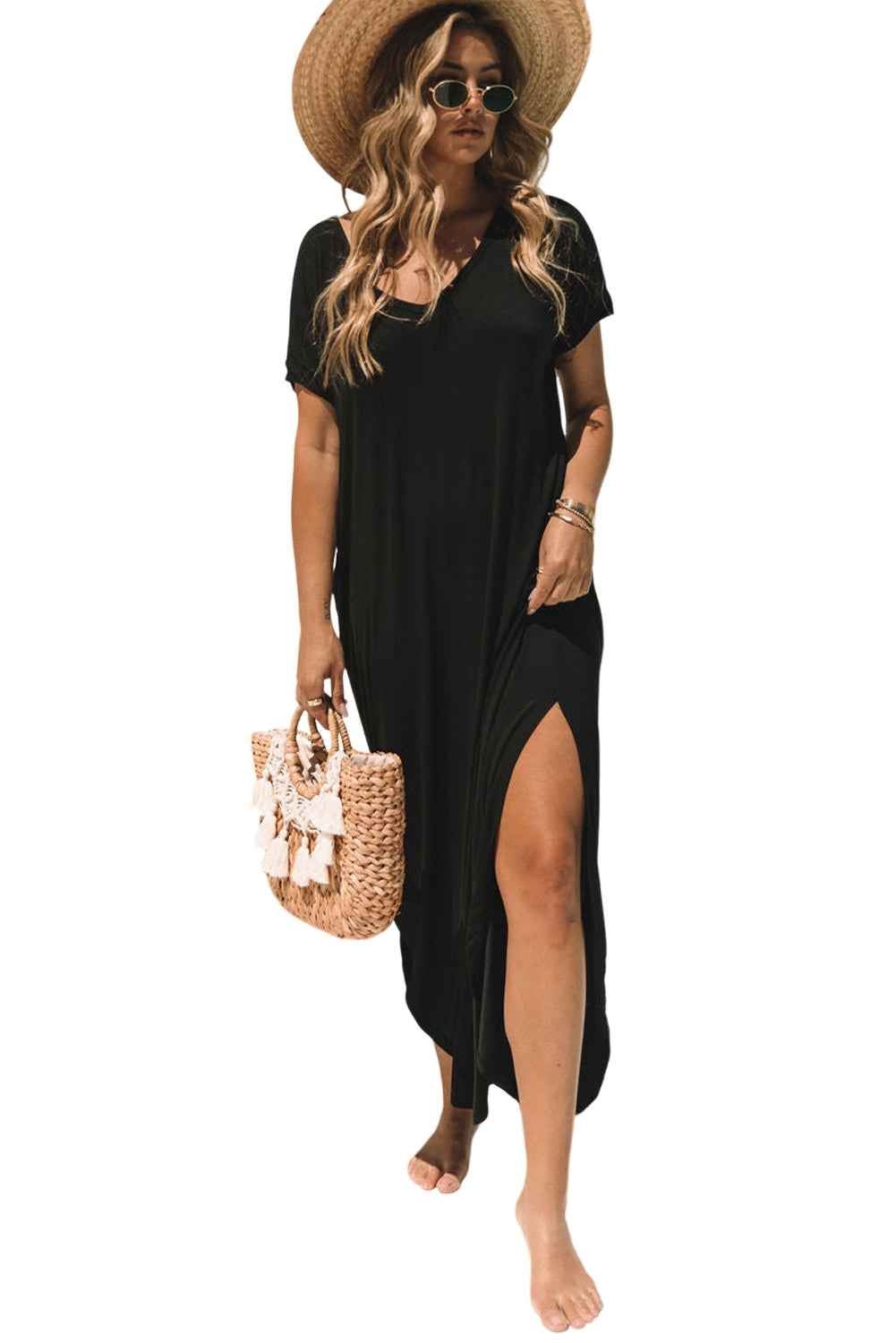 V Neck Hidden Pocket Splits Maxi T-shirt Dress