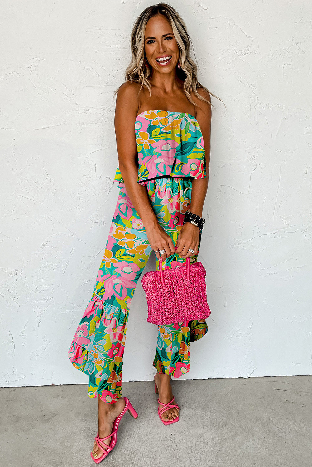 Tropical Print Strapless Ruffled Jumpsuit