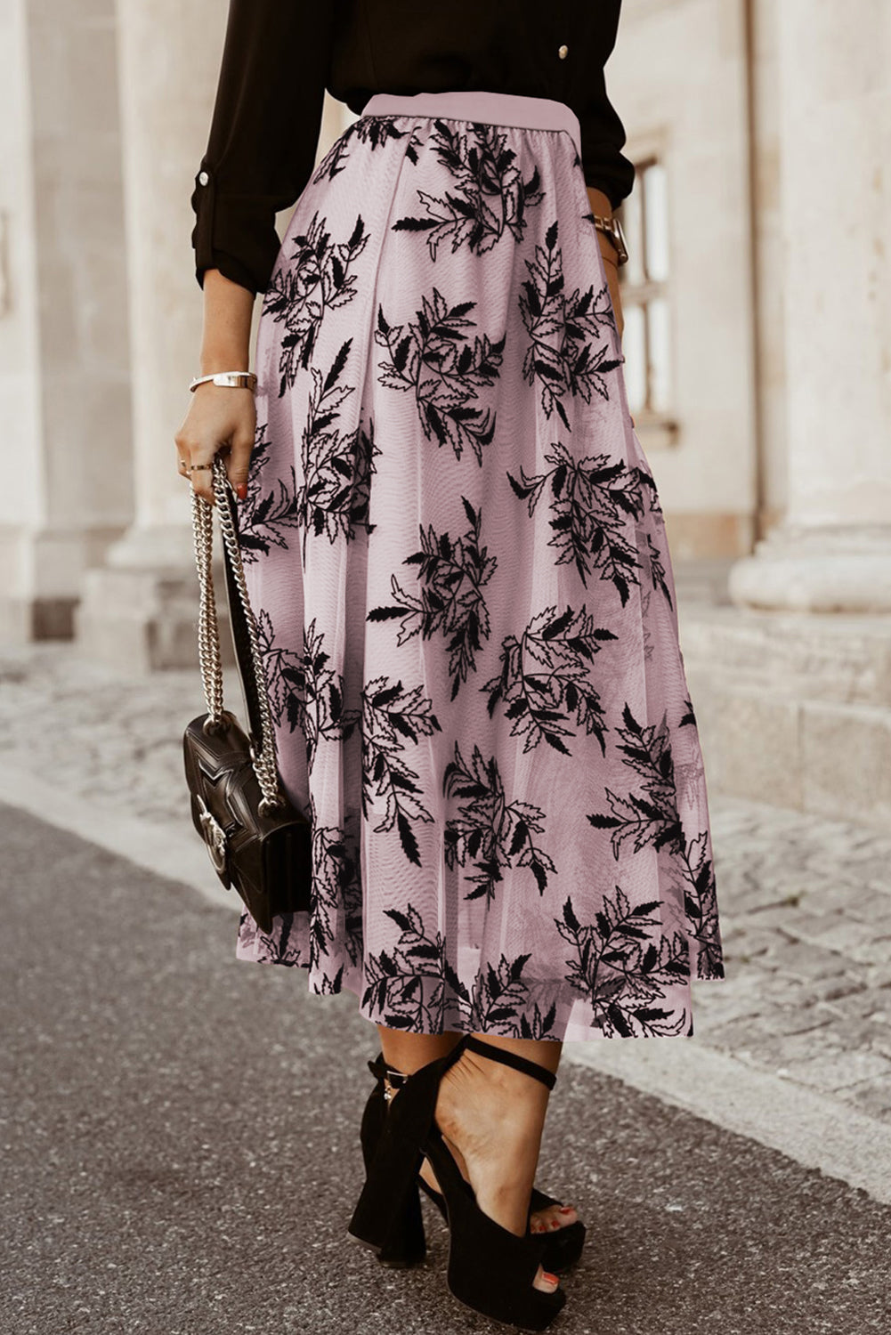 Floral Leaves Embroidered High Waist Maxi Skirt