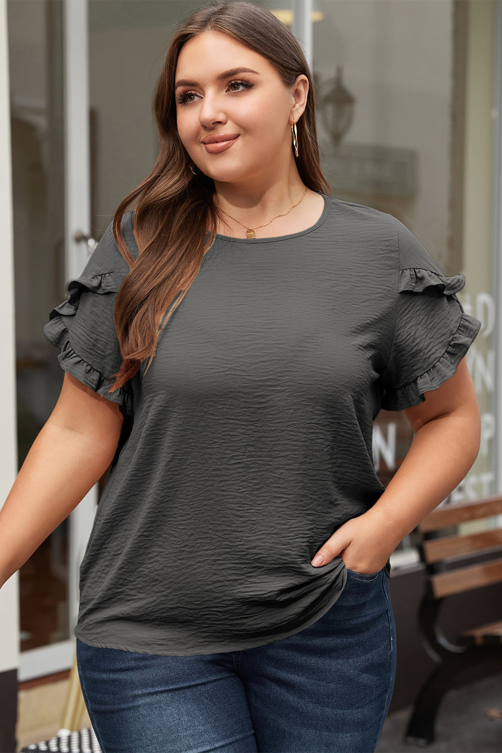 Ruffled Short Sleeve Top in Curvy Size Only