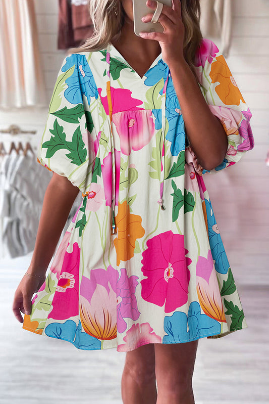 Floral Print Split Neck Babydoll Dress