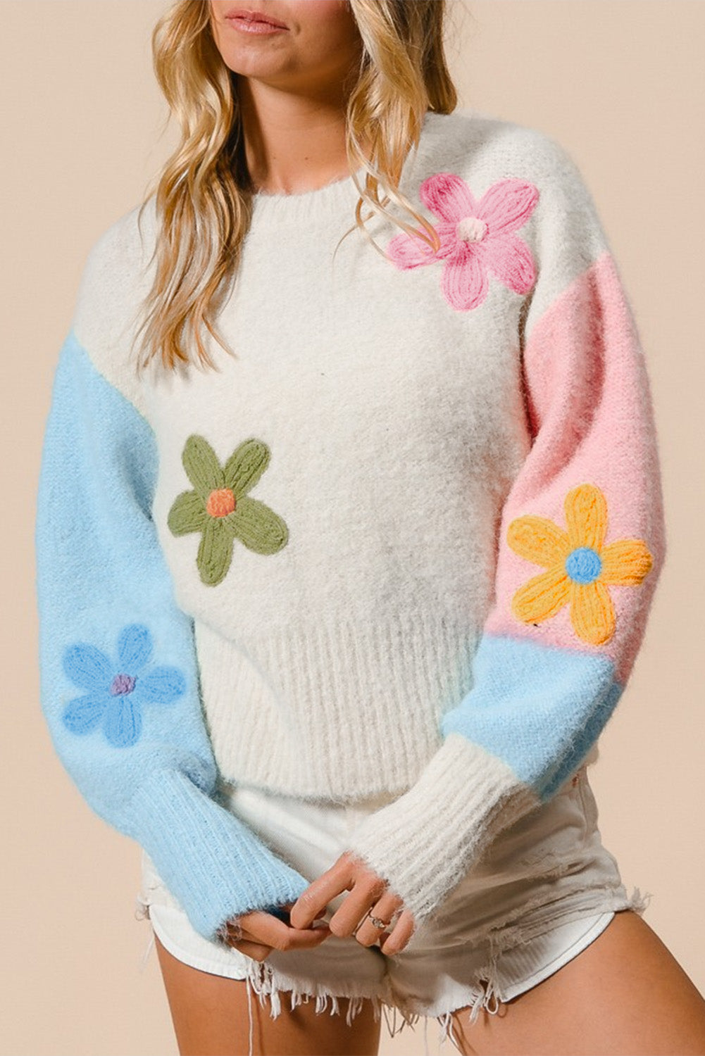 Multicolor Floral Embroidered Fuzzy Drop Shoulder Sweater