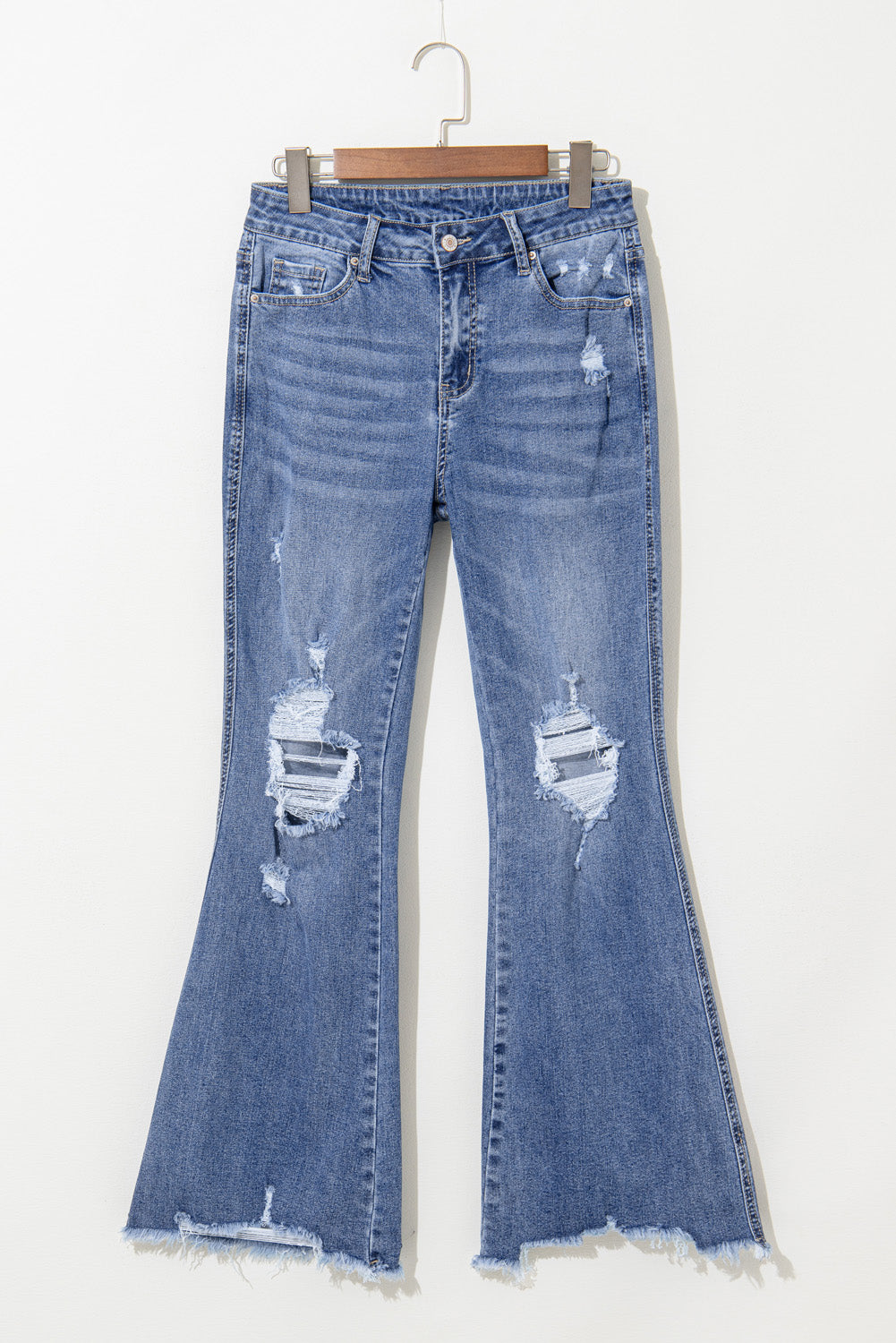 Dusk Blue High Rise Ripped Distressed Hem Flared Jeans