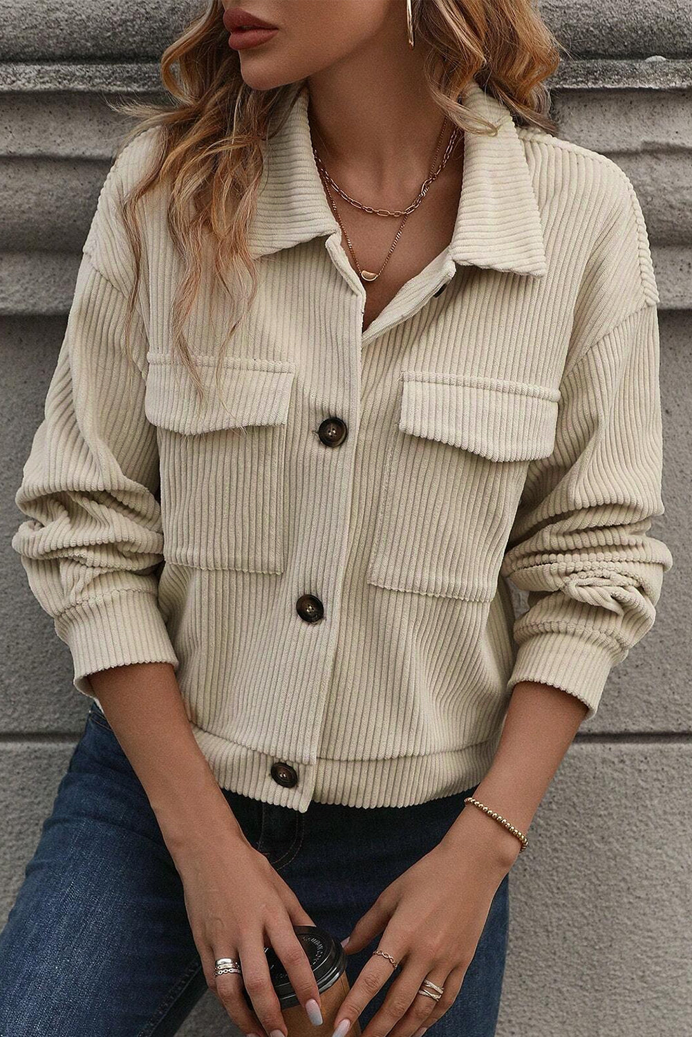 Beige Flap Pockets Buttoned Turn Down Collar Corduroy Shacket