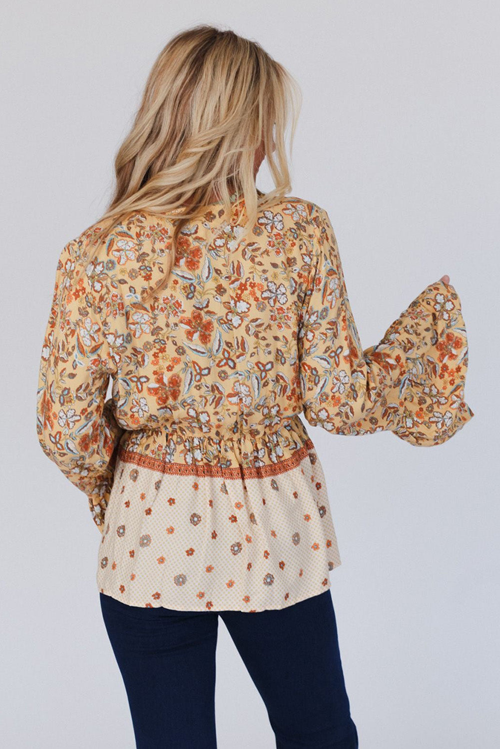 Yellow Floral Bell Sleeve V Neck Peplum Blouse