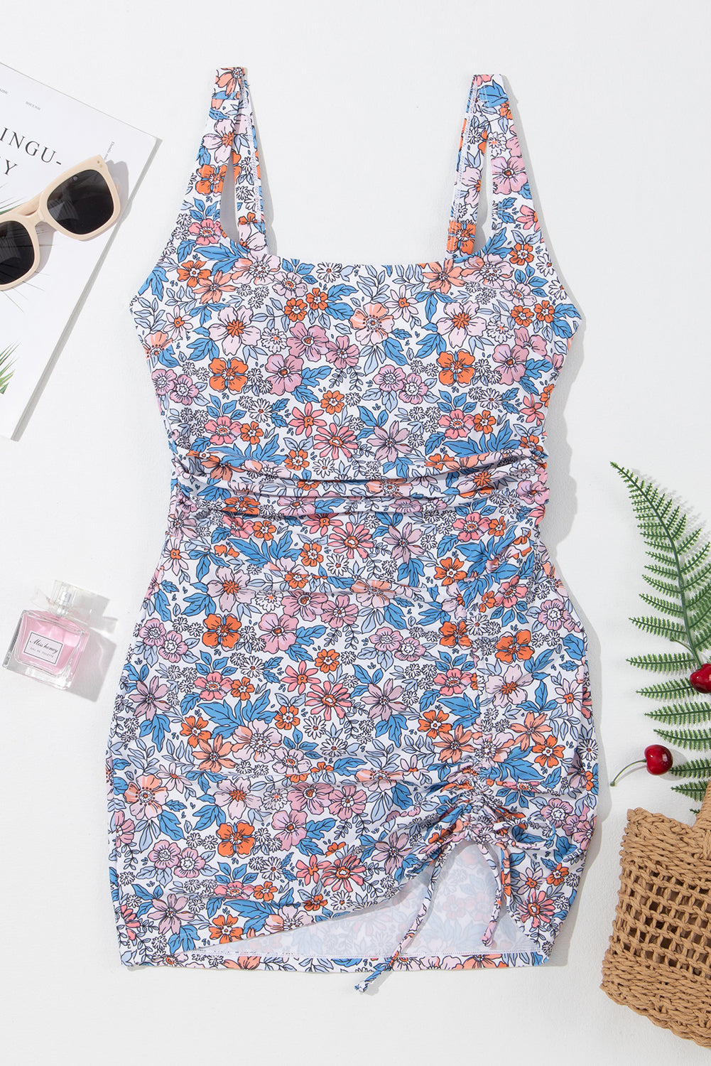 Drawstring Ruched Floral Swim Dress