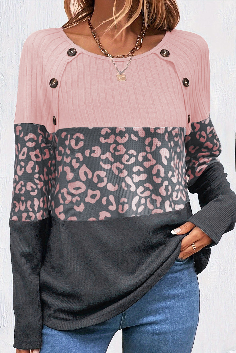 Cheetah Textured Patchwork Buttoned Round Neck T Shirt