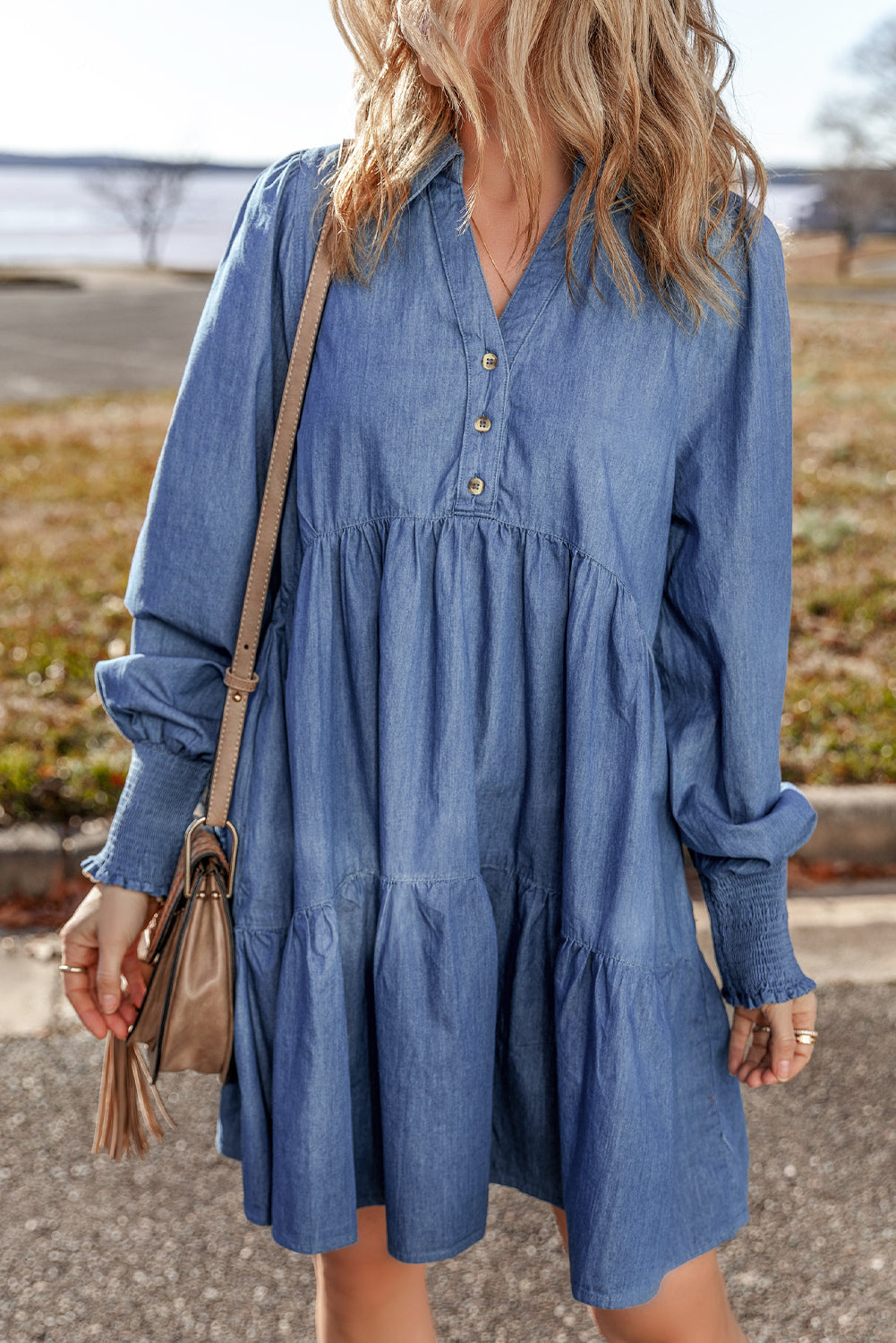 Smocked Cuff Buttoned Tiered Denim Mini Dress