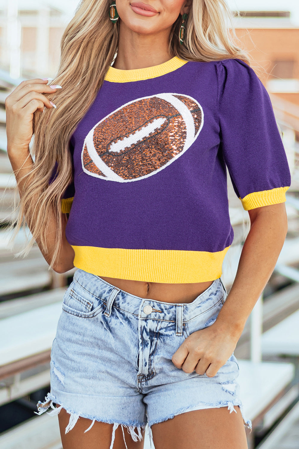 Purple Sequin Football Puff Short Sleeve Sweater