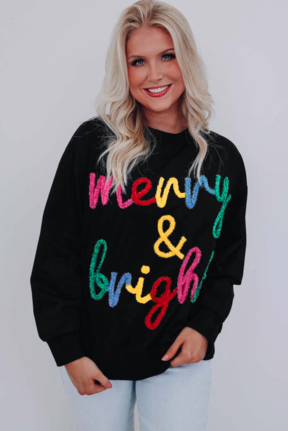 Black Colorful Merry & Bright Tinsel Graphic Sweater