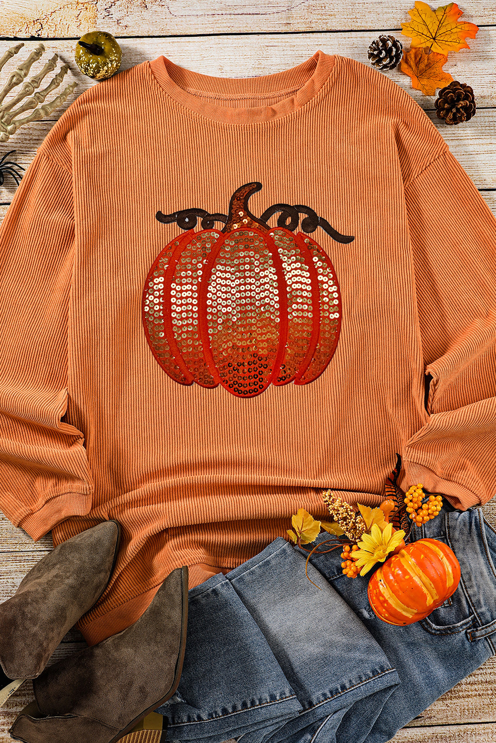 Orange Sequined Pumpkin Halloween Sweatshirt