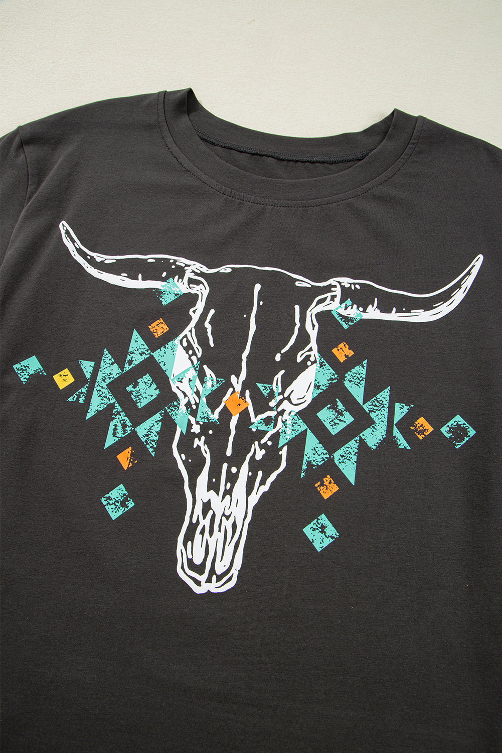 Carbon Grey Vintage Western Bull Head Skull Turquoise Aztec T Shirt