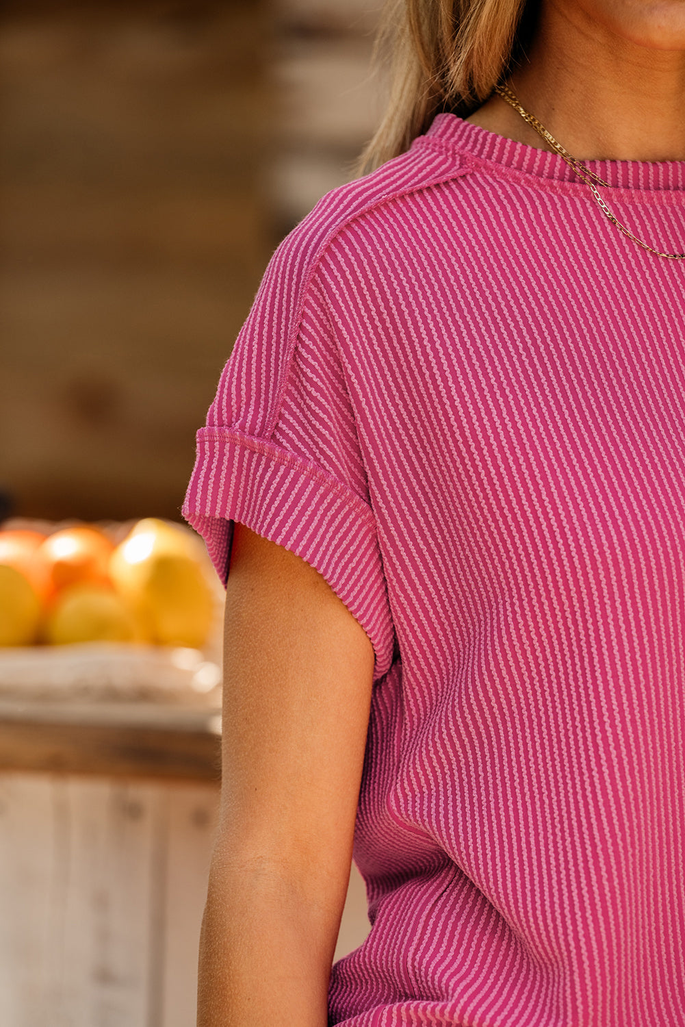 Textured Knit Exposed Stitching Shirt in rose red