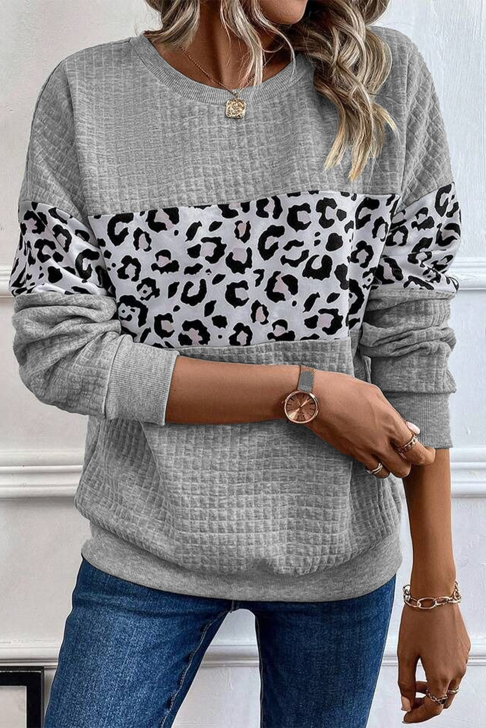 Leopard Quilted Patchwork Crew Neck Sweatshirt