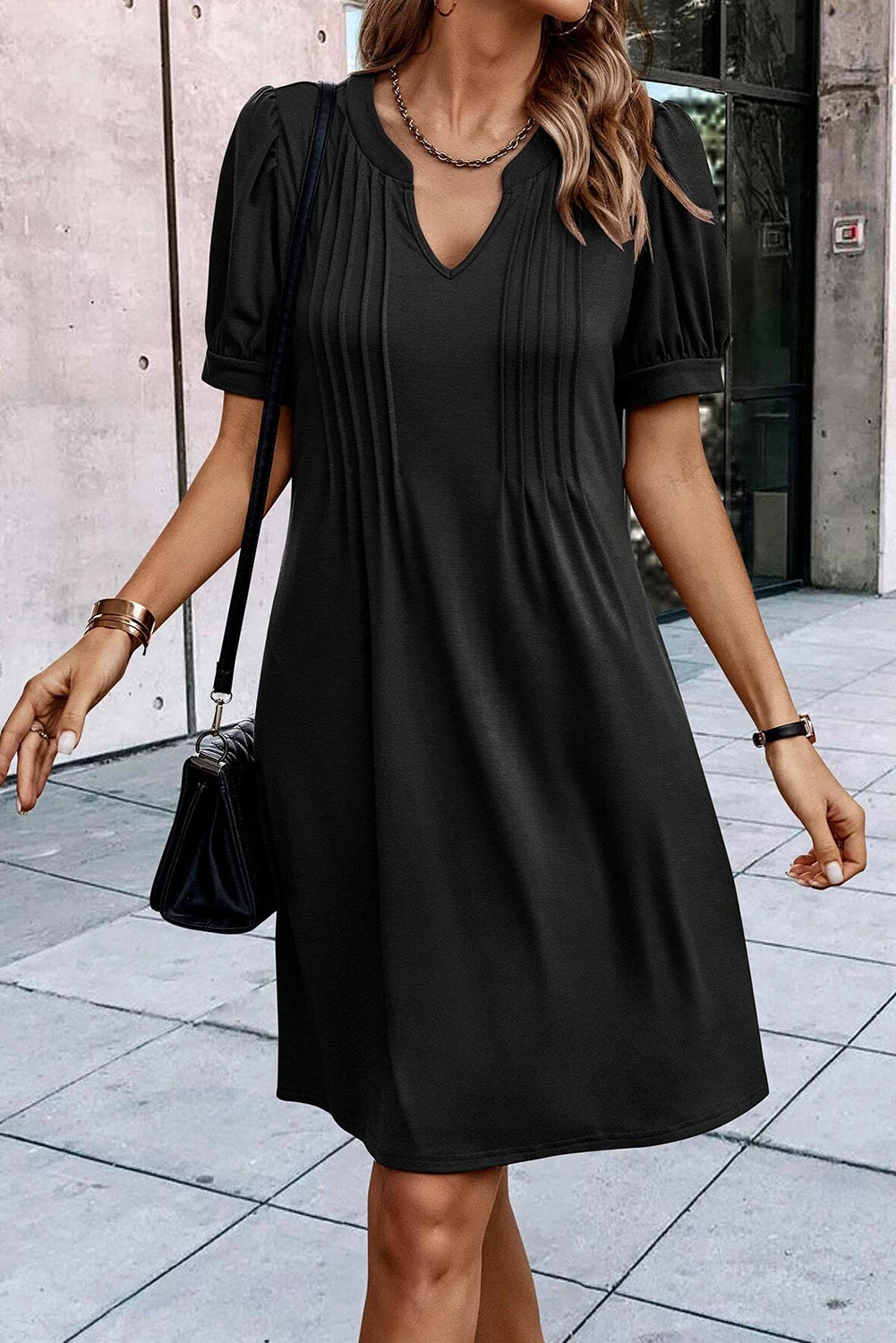 Pleated Puff Sleeve Dress with Notched Neckline in Black