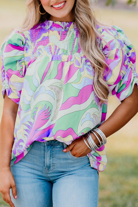 Green Abstract Print Bubble Sleeve Blouse