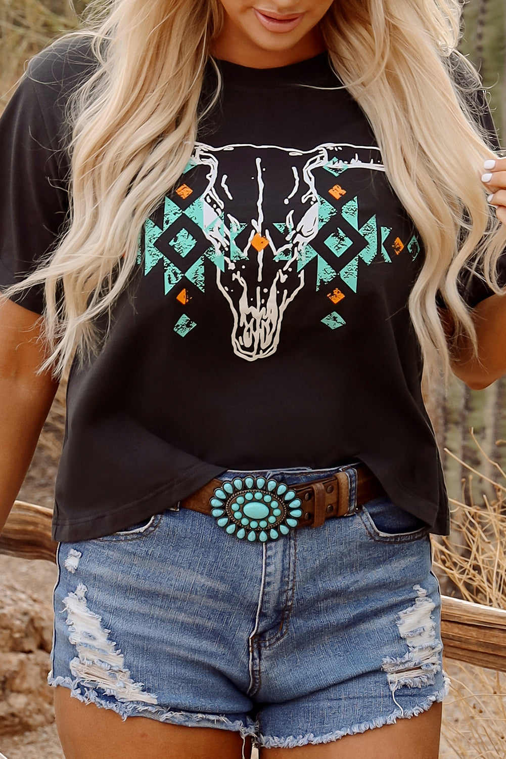 Carbon Grey Vintage Western Bull Head Skull Turquoise Aztec T Shirt