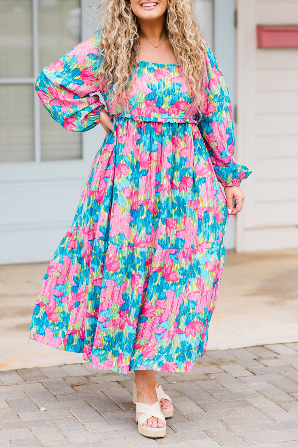 Sky Blue Floral Allover Print Shirred Maxi Dress in CURVY SIZY ONLY