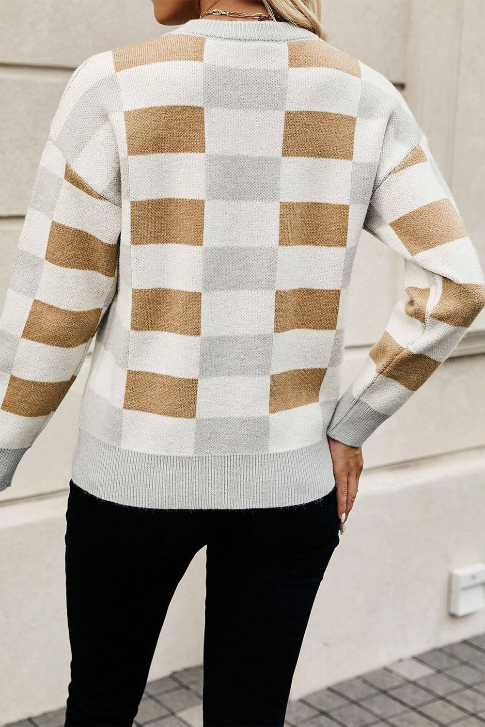 Checkered Ribbed Edge Drop Shoulder Sweater