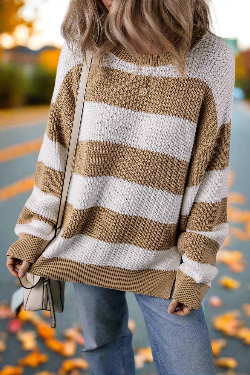 Light French Beige Striped Drop Shoulder Side Slit Sweater