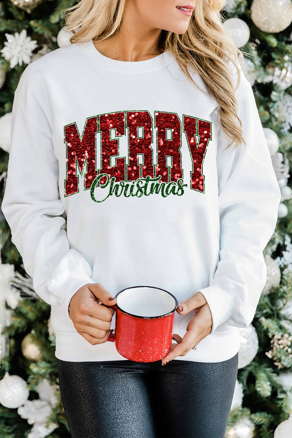 Beige MERRY Christmas Heat Transfer Crewneck Sweatshirt