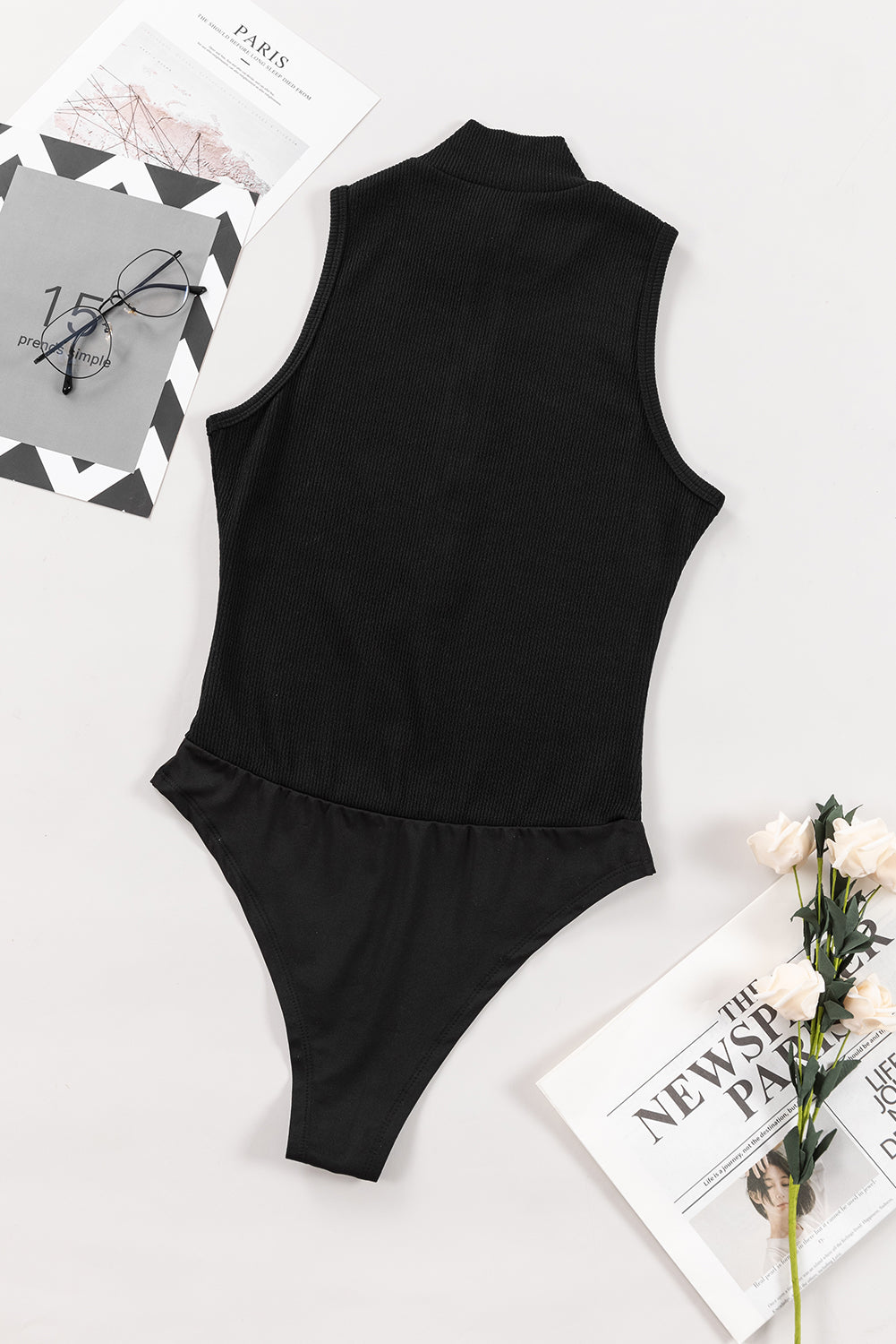 Zip up Mock Neck Ribbed Sleeveless Bodysuit in black