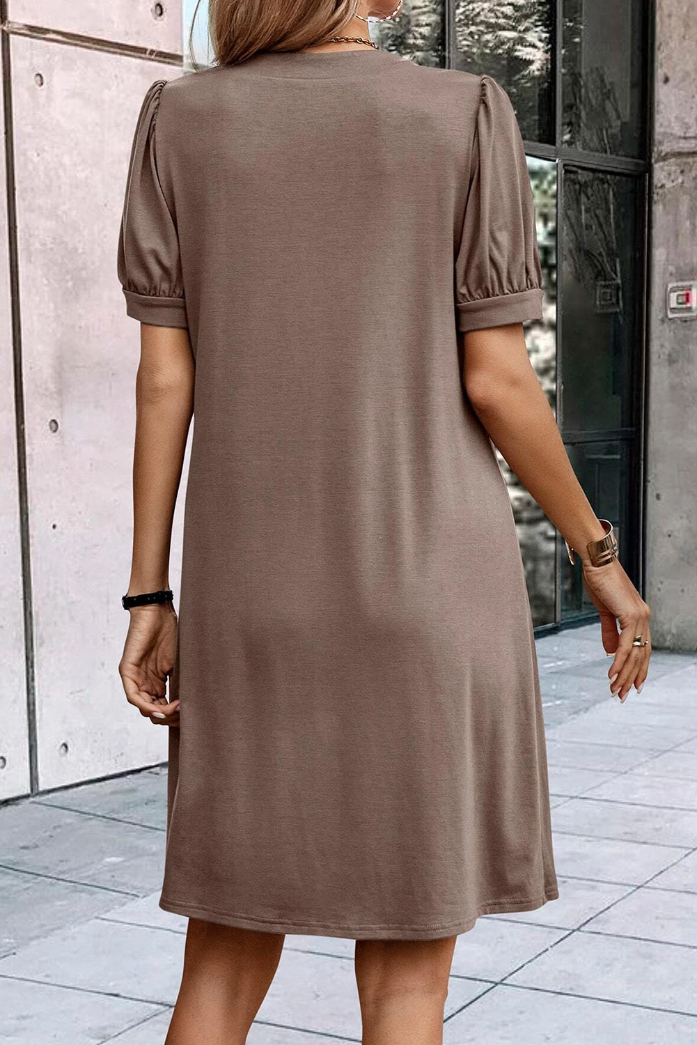 Pleated Puff Sleeve Dress with Notched Neckline in Palm Desert