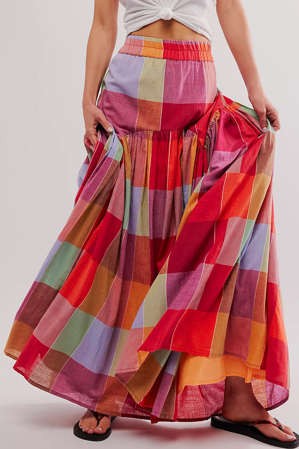 Multicolor Plaid Print Ruched High Waist Casual Maxi Skirt