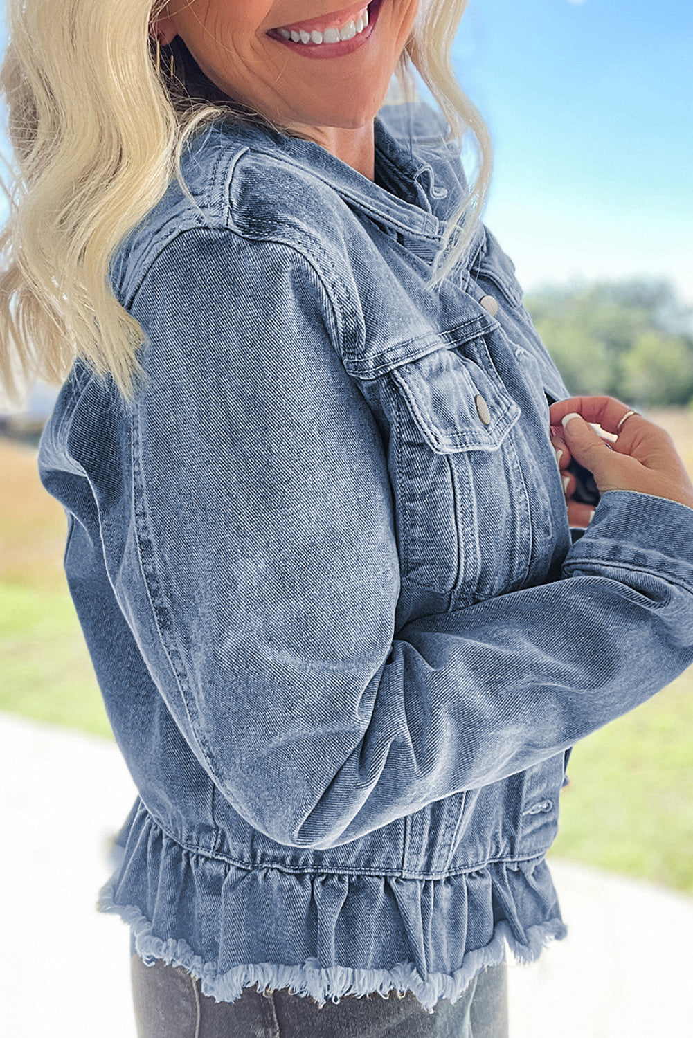 Ruffle Raw Hem Flap Pockets Denim Jacket