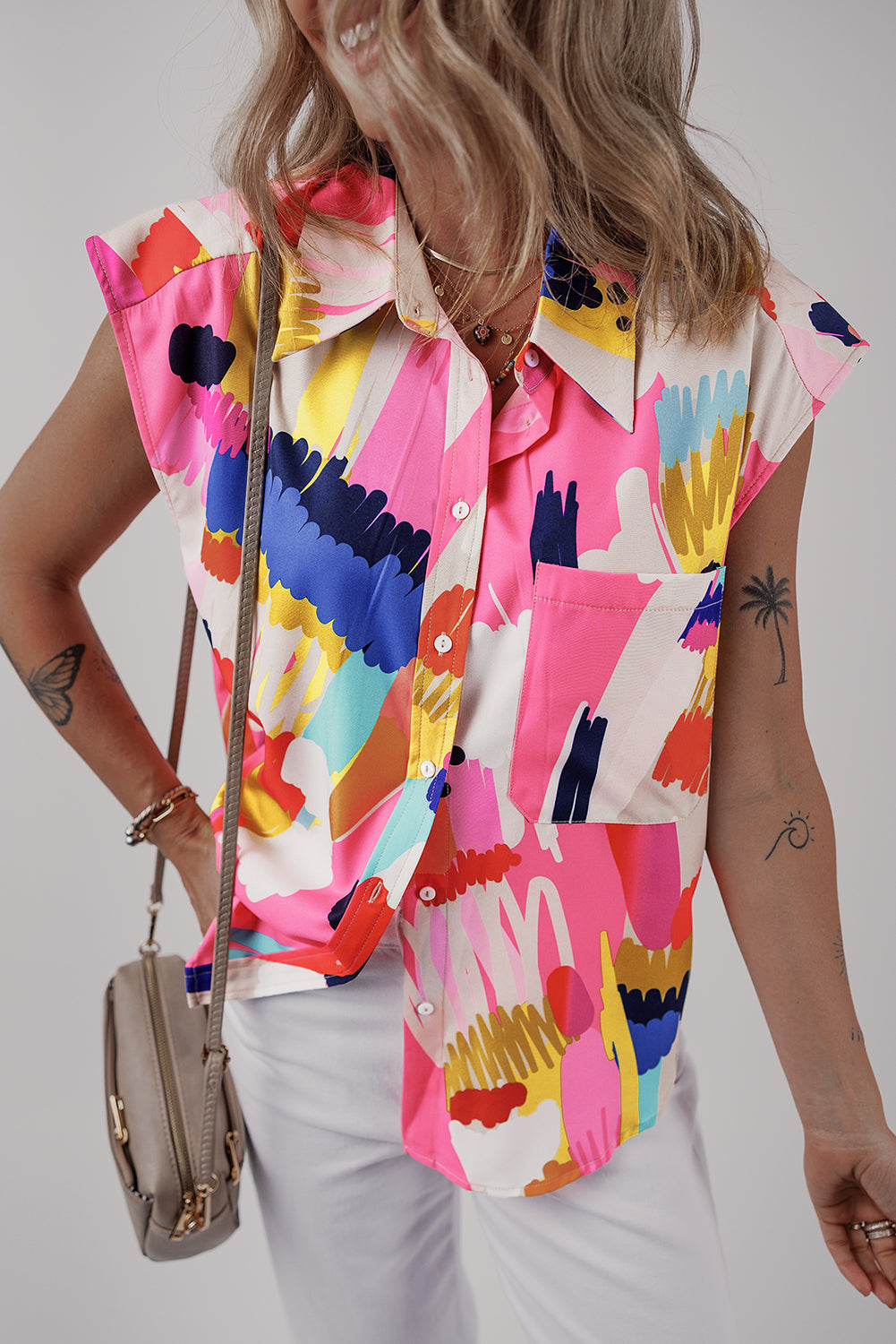 Multicolor Abstract Print Collared Cap Sleeve Casual Shirt