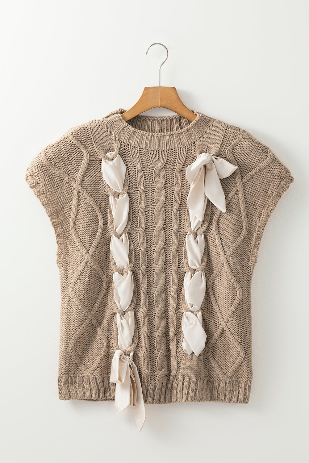 Simply Taupe Cable Knit Satin Bowknot Short Sleeve Sweater