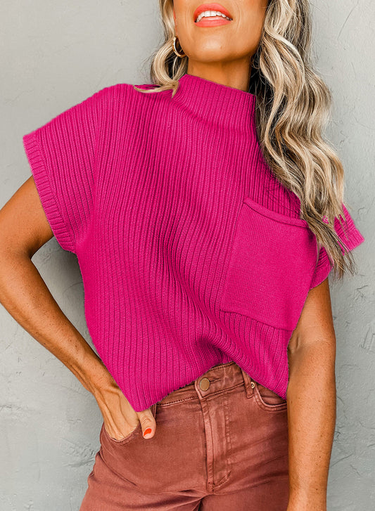 Rose Red Ribbed Knit Short Sleeve Sweater