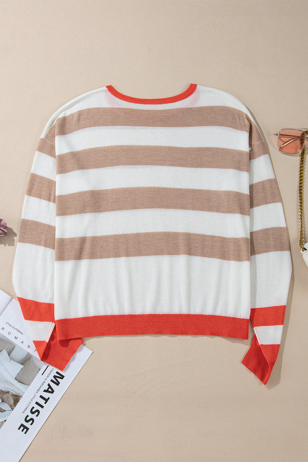 Apricot Striped Round Neck Drop Shoulder Sweater