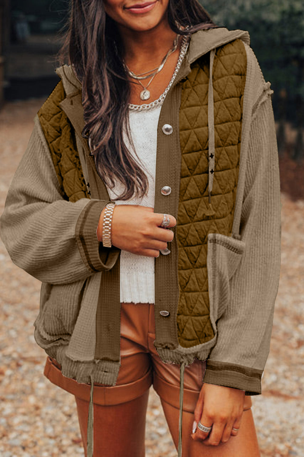 Quilted Textured Patchwork Loose Fit Hooded Jacket