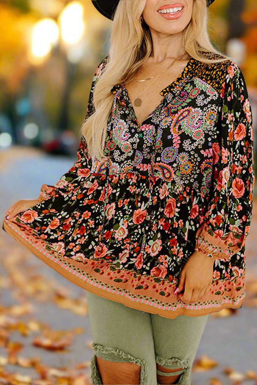 Black Paisley Floral Print V Neck Bubble Sleeve Blouse in CURVY SIZE ONLY