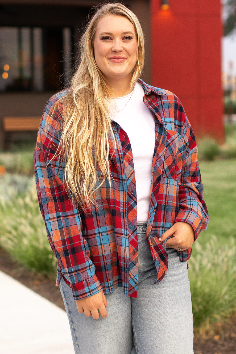 Plaid Print Buttoned Shirt in CURVY SIZE ONLY