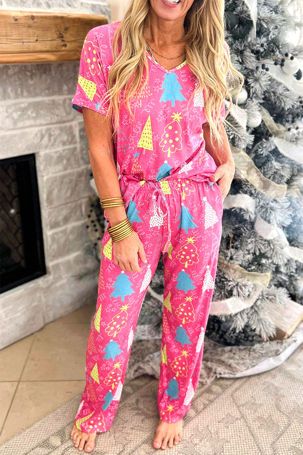 Christmas Tree Print Tee and Pants Lounge Set