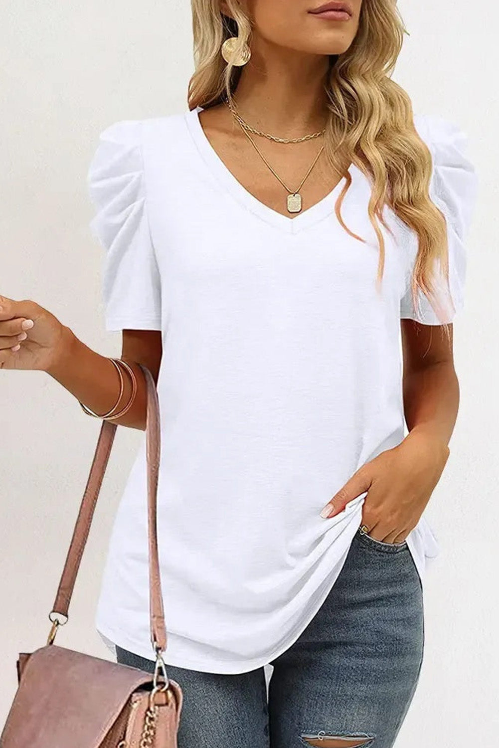 Fiona Puff Sleeve V-Neck T-Shirt in White