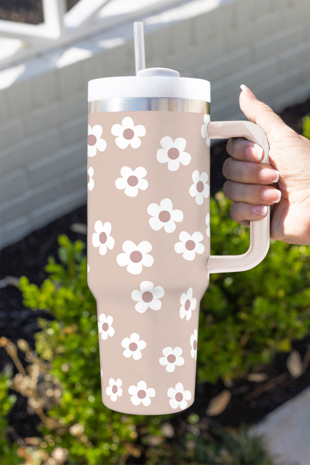 Floret Print Stainless Tumbler With Lid And Straw 40oz in parchment
