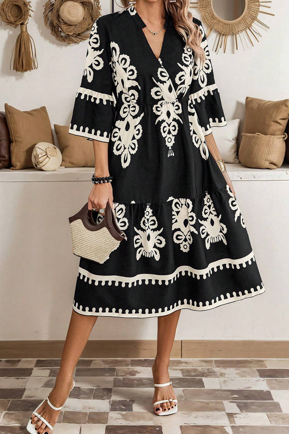 Western Geometric Print 3/4 Sleeve Loose Midi Dress