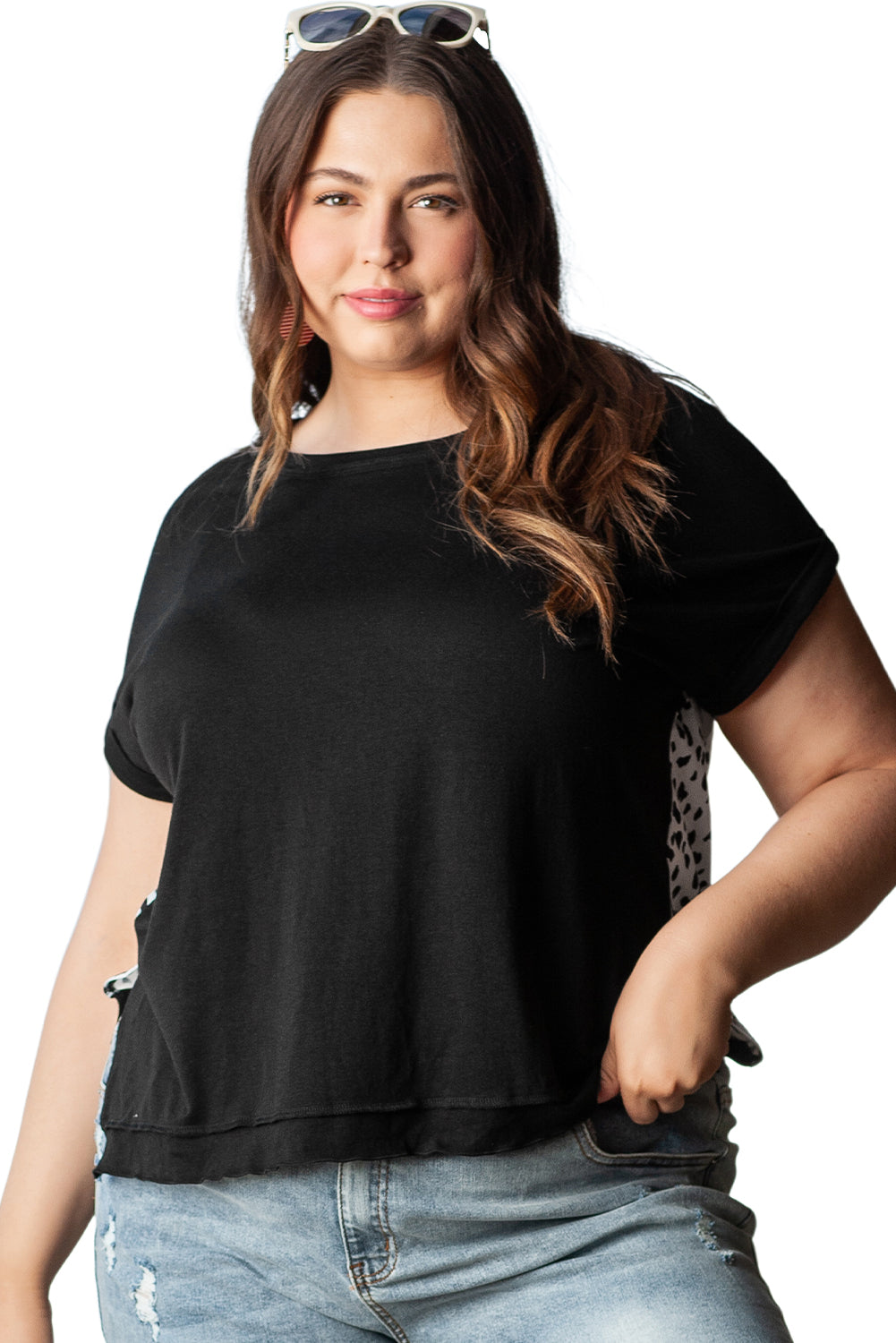 Black Cheetah Back Rolled Cuffs T-shirt in Curvy Size Only