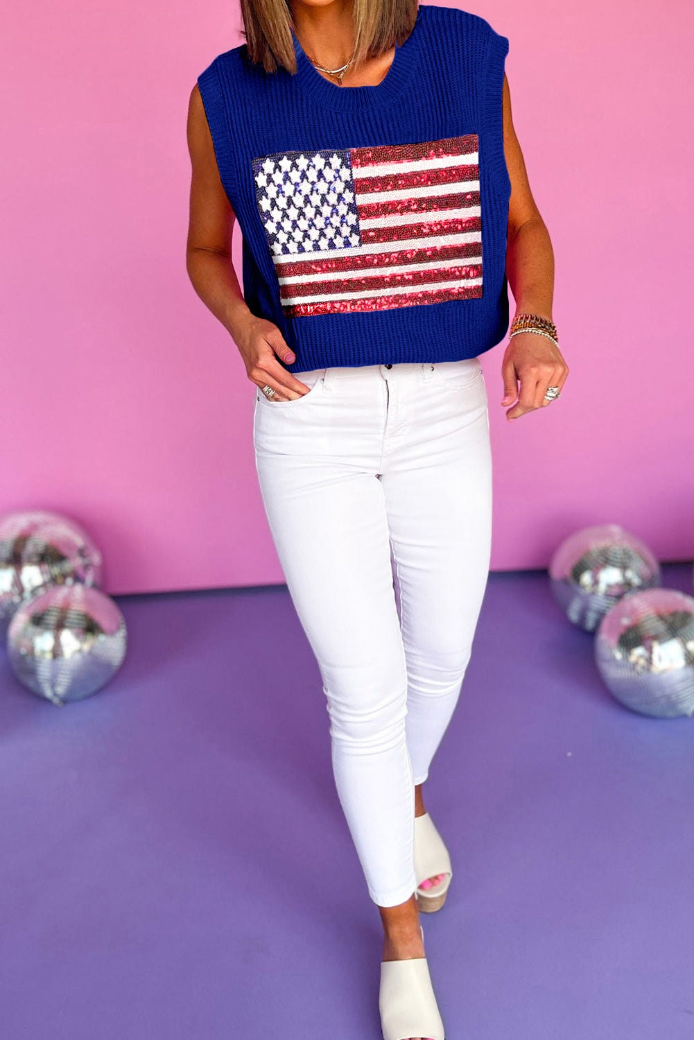 Bluing Sparkling American Flag Knitted Top