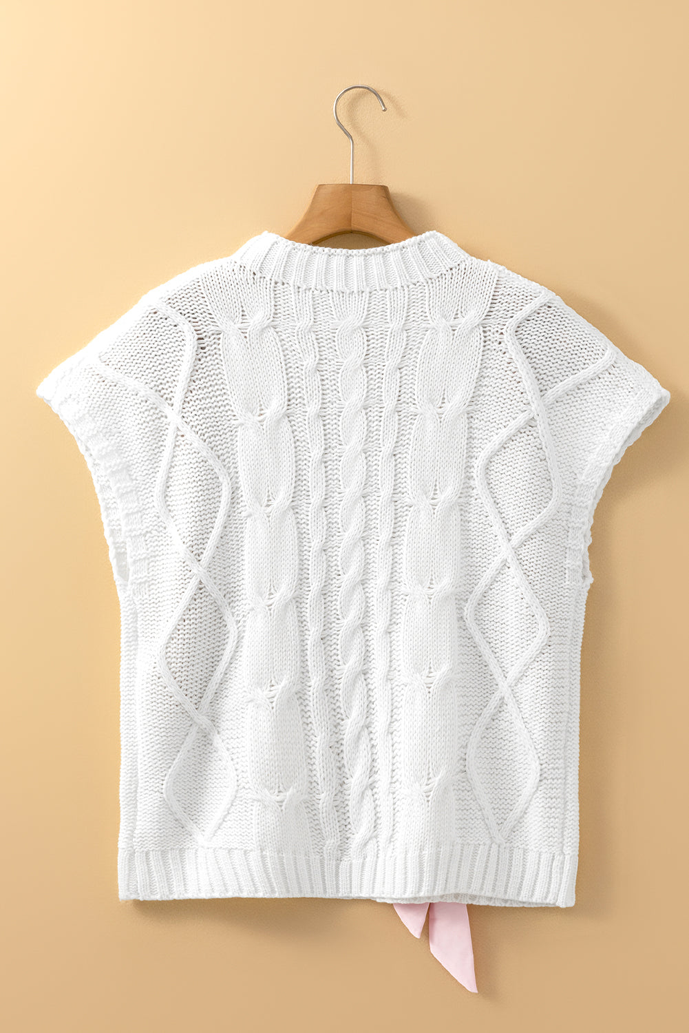 White Cable Knit Satin Bowknot Short Sleeve Sweater