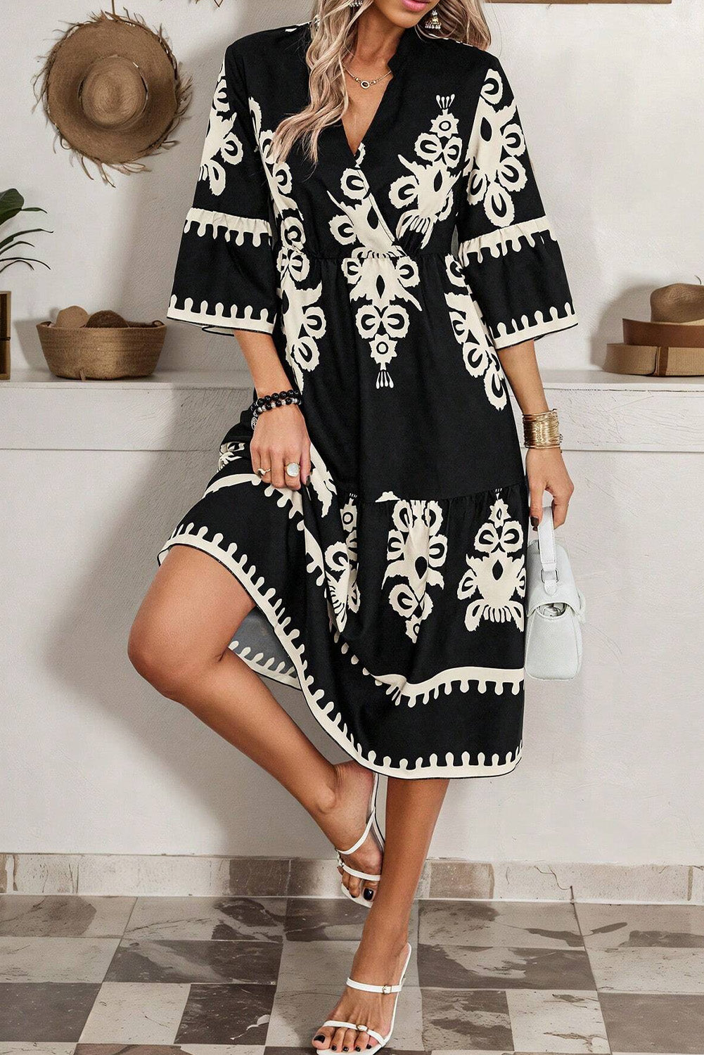 Western Geometric Print 3/4 Sleeve Loose Midi Dress